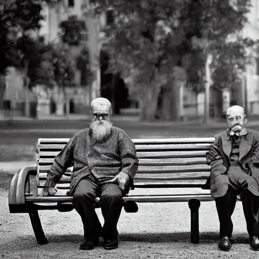 Faraway and realistic photo of 
Two elderly spanish men, one of them with a cane, sitting on a park bench. One of them has a beard and looks towards the ground, and the other one stares at the gentleman with the beard. Trippy