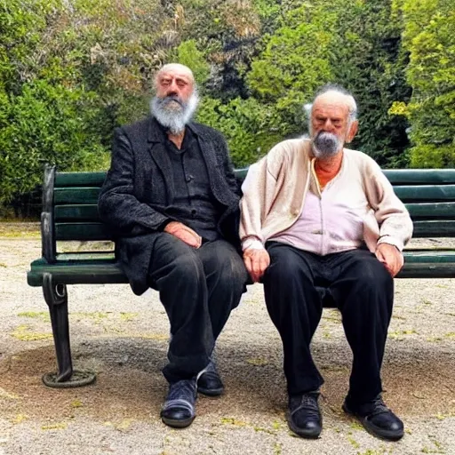 Faraway and realistic photo of 
Two elderly spanish men, one of them with a cane, sitting on a park bench. One of them has a beard and looks towards the ground, and the other one stares at the gentleman with the beard. Trippy