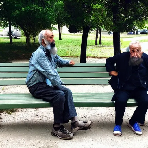 Faraway and realistic photo of 
Two elderly spanish men, one of them with a cane, sitting on a park bench. One of them has a beard and looks towards the ground, and the other one stares at the gentleman with the beard. Trippy