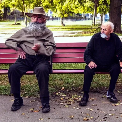 Faraway and realistic photo of 
Two elderly spanish men, one of them with a cane, sitting on a park bench. One of them has a beard and looks towards the ground, and the other one stares at the gentleman with the beard. Trippy