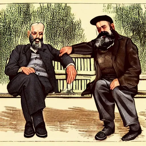 Faraway and realistic photo of 
Two elderly spanish men, one of them with a cane, sitting on a park bench. One of them has a beard and looks towards the ground, and the other one stares at the gentleman with the beard. Cartoon.