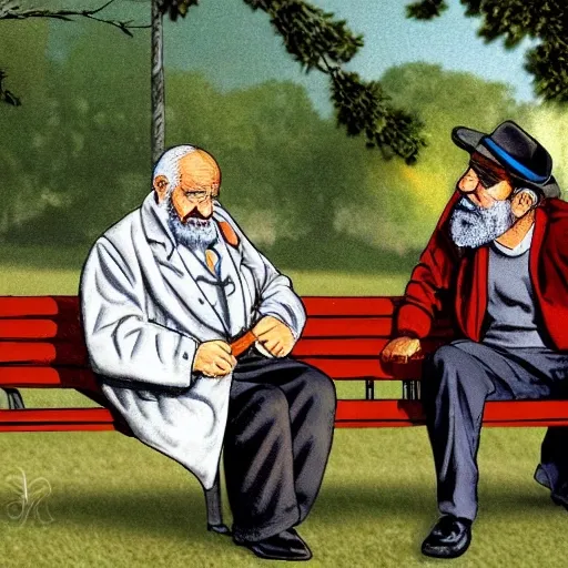 Faraway and realistic photo of 
Two elderly spanish men, one of them with a cane, sitting on a park bench. One of them has a beard and looks towards the ground, and the other one stares at the gentleman with the beard. Cartoon.