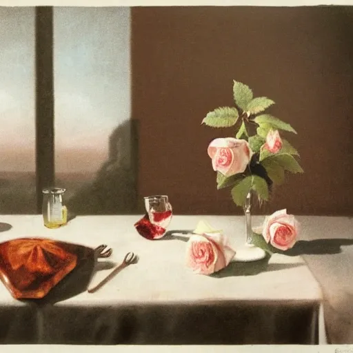 A rose on the dining table, a pair of lovers having dinner , 3D