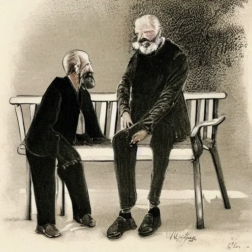 Faraway and realistic photo of 
Two elderly spanish men, one of them with a cane, sitting on a park bench. One of them has a beard and looks towards the ground, and the other one stares at the gentleman with the beard. Cartoon.