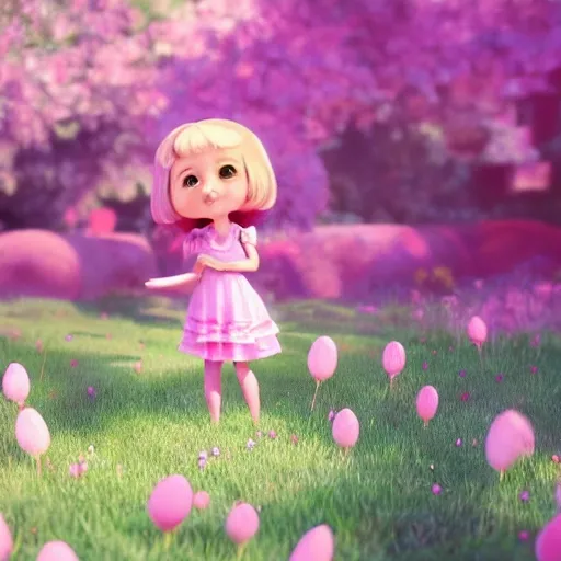 A beautiful pretty little girl is happy, pink clothes, garden background, capture the light, cinematic lighting, soft focus, harsh, pastel colors, Chibi, cute, whimsical, blender, C4D, Renderman, anti-fading, medium shot, SSAO, shader, ultra-details, high quality, Pixar, bright colors