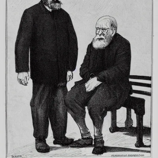 Faraway and realistic photo of 
Two elderly spanish men, one of them with a cane, sitting on a park bench. One of them has a beard and looks towards the ground, and the other one stares at the gentleman with the beard. Cartoon.