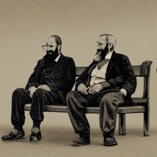 Faraway and realistic photo of 
Two elderly spanish men, one of them with a cane, sitting on a park bench. One of them has a beard and looks towards the ground, and the other one stares at the gentleman with the beard. Cartoon.