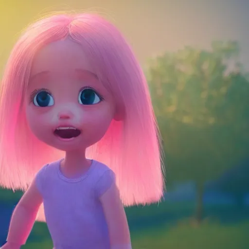 A beautiful pretty little girl is happy, pink clothes, garden background, capture the light, cinematic lighting, soft focus, harsh, pastel colors, Chibi, cute, whimsical, blender, C4D, Renderman, anti-fading, medium shot, SSAO, shader, ultra-details, high quality, Pixar, bright colors, Cartoon