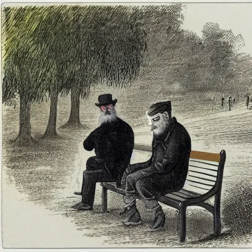 Faraway and realistic photo of 
Two elderly spanish men, one of them with a cane, sitting on a park bench. One of them has a beard and looks towards the ground, and the other one stares at the gentleman with the beard. Cartoon.