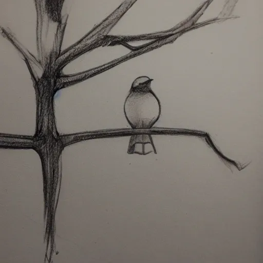A bird on tree, 3D, Pencil Sketch