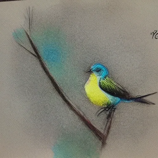 A bird on tree, 3D, Pencil Sketch, Water Color