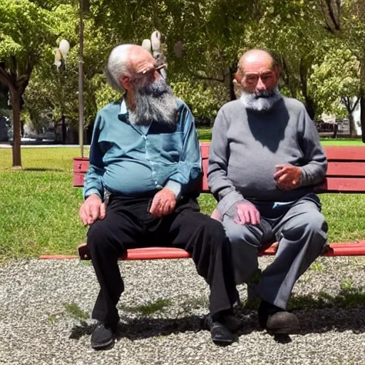 Faraway and realistic photo of 
Two elderly spanish men, one of them with a cane, sitting on a park bench. One of them has a beard and looks towards the ground, and the other one stares at the gentleman with the beard. Real.