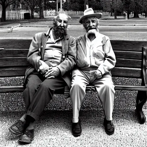 Faraway and realistic photo of 
Two elderly spanish men, one of them with a cane, sitting on a park bench. One of them has a beard and looks towards the ground, and the other one stares at the gentleman with the beard. Real.