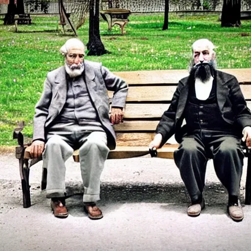 Faraway and realistic photo of 
Two elderly spanish men, one of them with a cane, sitting on a park bench. One of them has a beard and looks towards the ground, and the other one stares at the gentleman with the beard. Real and coloured.