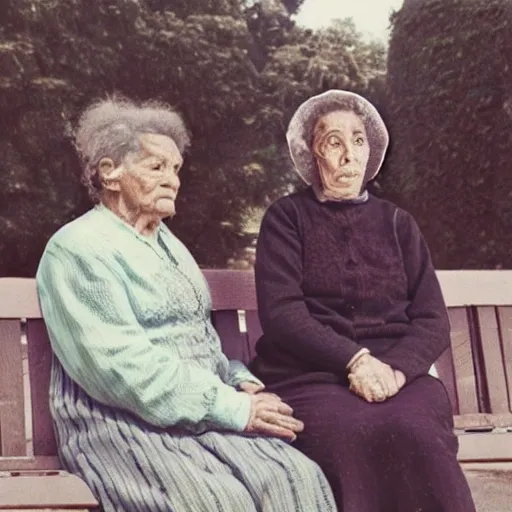 Faraway and realistic photo of 
Two elderly spanish women, one of them with a cane, sitting on a park bench. One of them has a beard and looks towards the ground, and the other one stares at the gentleman with the beard. Real and coloured.