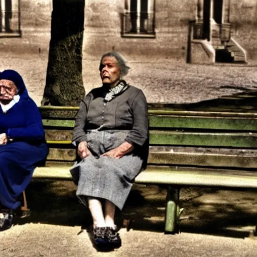 Faraway and realistic photo of 
Two elderly spanish women, one of them with a cane, sitting on a park bench. One of them has a beard and looks towards the ground, and the other one stares at the gentleman with the beard. Real and coloured.