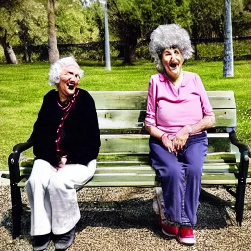 Faraway and realistic photo of 
Two elderly spanish women, laughing, sitting on a park bench. One of them has a beard and looks towards the ground, and the other one stares at the gentleman with the beard. Real and coloured.