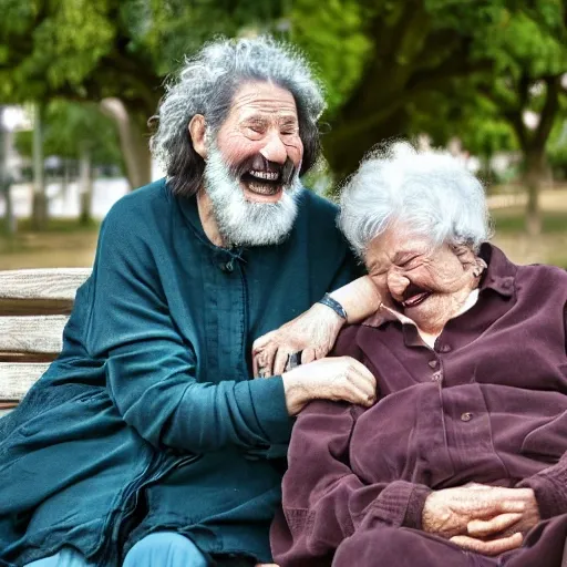 Faraway and realistic photo of 
Two elderly spanish women, laughing, sitting on a park bench. One of them has a beard and looks towards the ground, and the other one stares at the gentleman with the beard. Real and coloured.