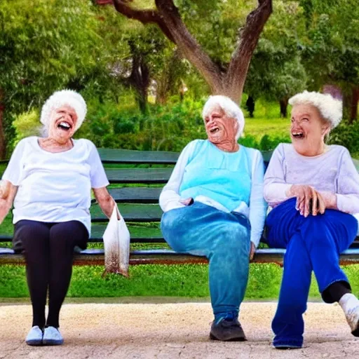 Faraway and realistic photo of 
Two elderly spanish women, laughing, sitting on a park bench. One of them looks towards the ground, and the other one stares at the woman. Real and coloured.