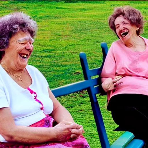 Faraway and realistic photo of 
Two elderly spanish women, laughing, sitting on a park bench. One of them looks towards the ground, and the other one stares at the woman. Real and coloured.