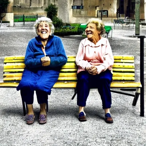 Faraway and realistic photo of Two elderly spanish women, laugh ...