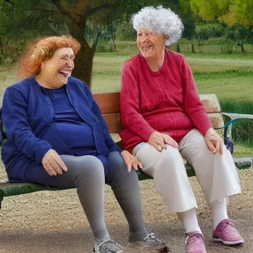 Faraway and realistic photo of 
Two elderly spanish women, sitting on a park bench. One of them looks towards the ground, and the other one laughing stares at the woman . Real and coloured.