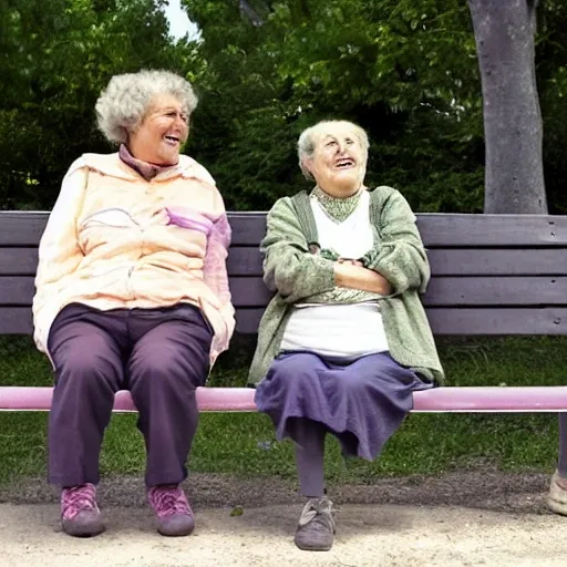 Faraway and realistic photo of 
Two elderly spanish women, sitting on a park bench. One of them looks towards the ground, and the other one is laughing and stares at the woman . Real and coloured.