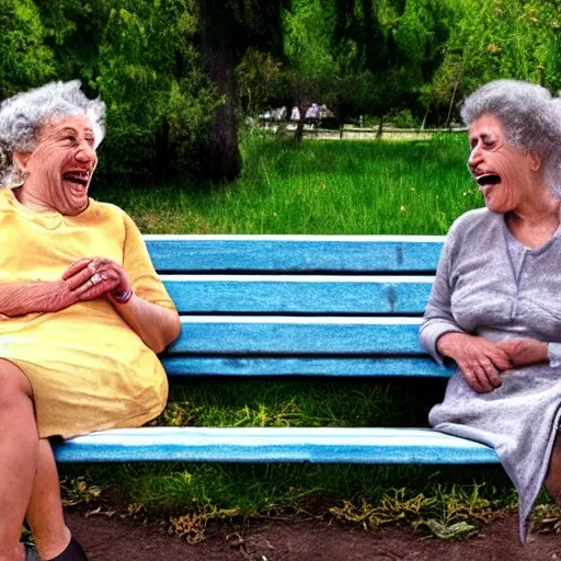 Faraway and realistic photo of 
Two elderly spanish women, sitting on a park bench. One of them looks towards the ground, and the other one is laughing and stares at the woman . Real and coloured.