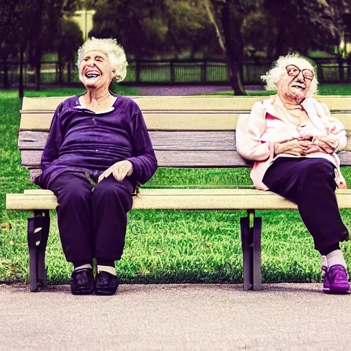 Faraway and realistic photo of 
Two elderly spanish women, sitting on a park bench. One of them looks towards the ground, and the other one is laughing and stares at the woman . Real and coloured.