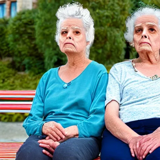 Faraway and realistic photo of 
Two elderly spanish women, sitting on a park bench. One of them looks towards the ground, and the other one is serious and stares at the woman . Real and coloured.