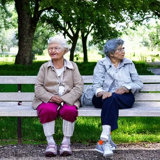 two old women sitting on a bench in a park.
