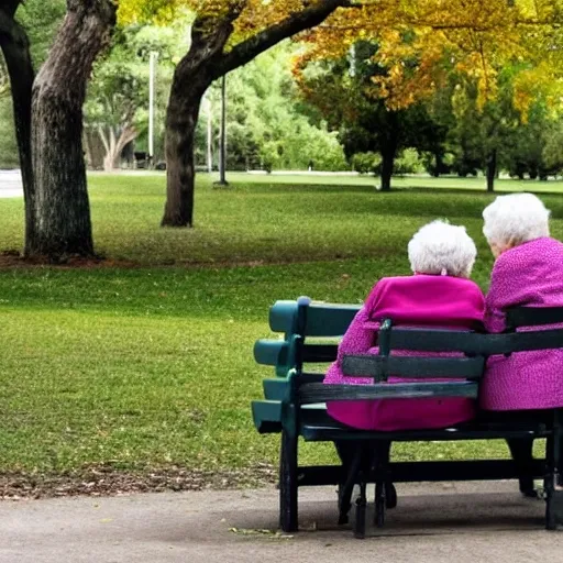 two old women sitting on a bench in a park.
