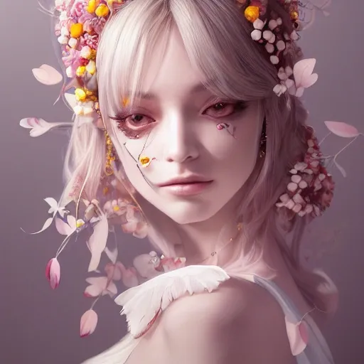 he portrait of the absurdly beautiful, graceful, elegant, gorgeous, fashionable photorealistic anime european woman made of cherries and white petals with tears, an ultrafine hyperrealistic illustration by kim jung gi, irakli nadar, intricate linework, bright colors, octopath traveler, final fantasy, unreal engine highly rendered, global illumination, radiant light, intricate environment