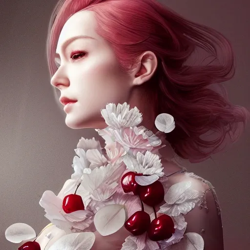 the portrait of the absurdly beautiful, graceful, elegant, gorgeous, fashionable photorealistic anime european woman made of cherries and white petals with tears, an ultrafine hyperrealistic illustration by kim jung gi, irakli nadar, intricate linework, bright colors, octopath traveler, final fantasy, unreal engine highly rendered, global illumination, radiant light, intricate environment