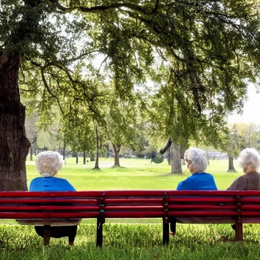 two old women sitting on a bench in a park.
