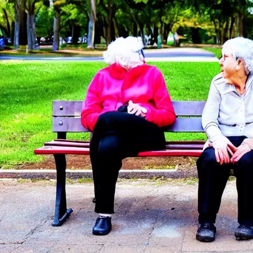 two old women sitting on a bench in a park.
