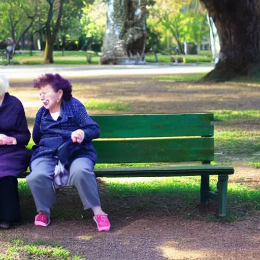 two old women sitting on a bench in a park.
