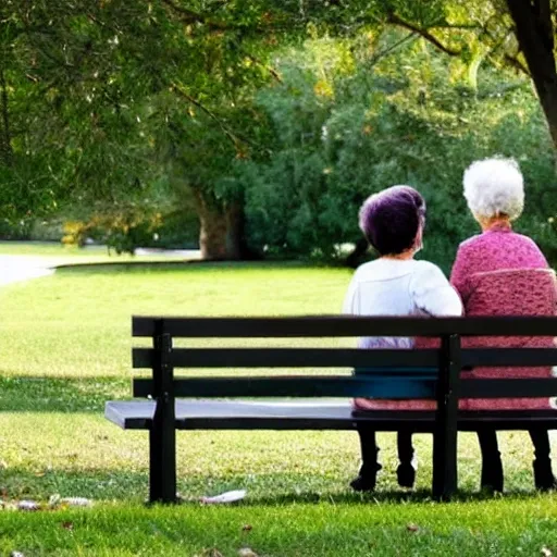 two old women sitting on a bench in a park.
