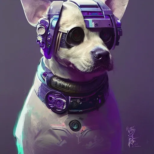 a beautiful portrait of a cute cyberpunk dog by greg rutkowski and wlop, purple blue color scheme, high key lighting, digital art, highly detailed, fine detail, intricate, ornate, complex