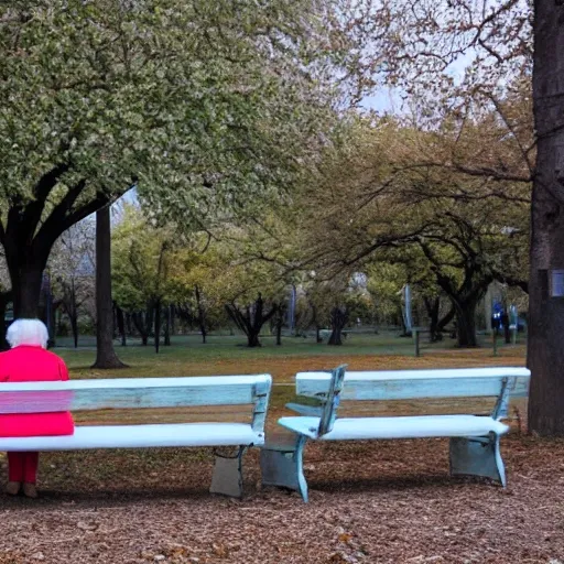 two old women sitting on a bench in a park.
