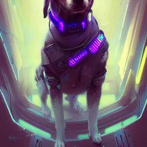 a beautiful portrait of a cute cyberpunk dog by greg rutkowski and wlop, purple blue color scheme, high key lighting, digital art, highly detailed, fine detail, intricate, ornate, complex, 3D