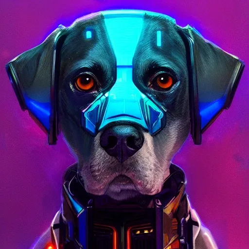 a beautiful portrait of a cute cyberpunk dog by greg rutkowski and wlop, purple blue color scheme, high key lighting, digital art, highly detailed, fine detail, intricate, ornate, complex