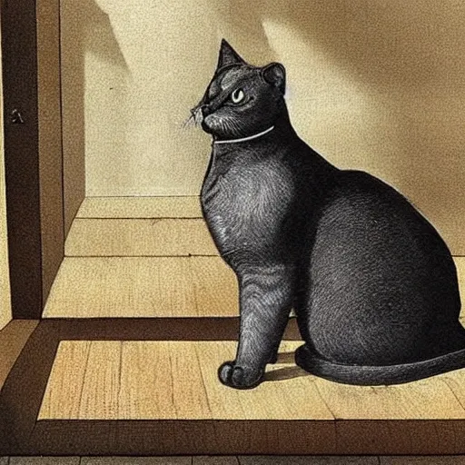 awesome art of a cat that is pensive and waiting for his pay, whole body