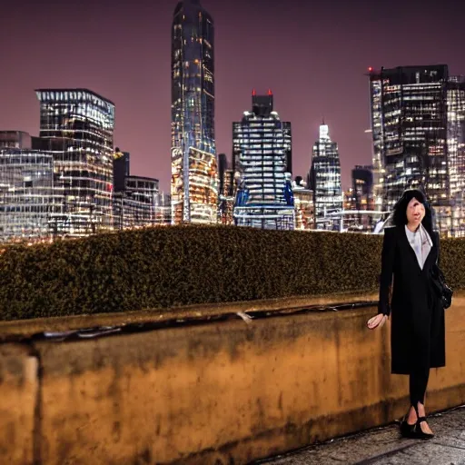 nikon RAW photo,8 k,Fujifilm XT3,masterpiece, best quality, 1girl,solo,realistic, photorealistic,ultra detailed, diamond stud earrings, long straight black hair, hazel eyes, serious expression, slender figure, wearing a black blazer and white blouse, standing against a city skyline at night