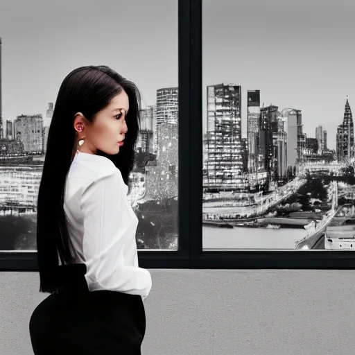 nikon RAW photo,8 k,Fujifilm XT3,masterpiece, best quality, 1girl,solo,realistic, photorealistic,ultra detailed, diamond stud earrings, long straight black hair, hazel eyes, serious expression, slender figure, wearing a black blazer and white blouse, standing against a city skyline at night