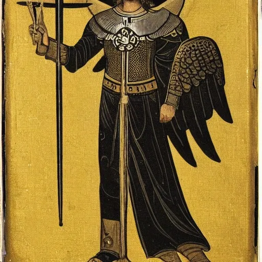 male armored holy angel wearing white trimmed in black and gold, head shrouded, with a sword and shield and the words Rising Saint, 3D