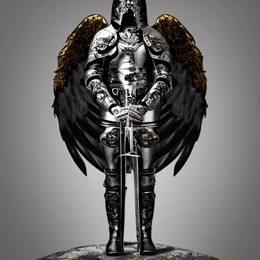 a beautiful portrait of a male armored holy angel wearing white trimmed in black and gold, head shrouded, with a sword and shield, high key lighting, digital art, highly detailed, fine detail, intricate, ornate, complex, 3D