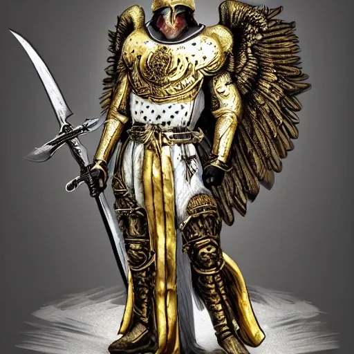 a realistic portrait of a male armored holy angel wearing white trimmed in black and gold, head shrouded, with a sword and shield, high key lighting, digital art, highly detailed, fine detail, intricate, ornate, complex, 3D