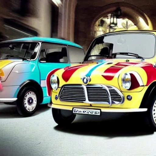 BMW mini car, the combination of car top and ice cream, magic style, surrealism, Trippy