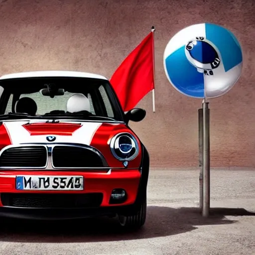 BMW mini car, with ice cream, five-star red flag as background, magic style, surrealism, Trippy